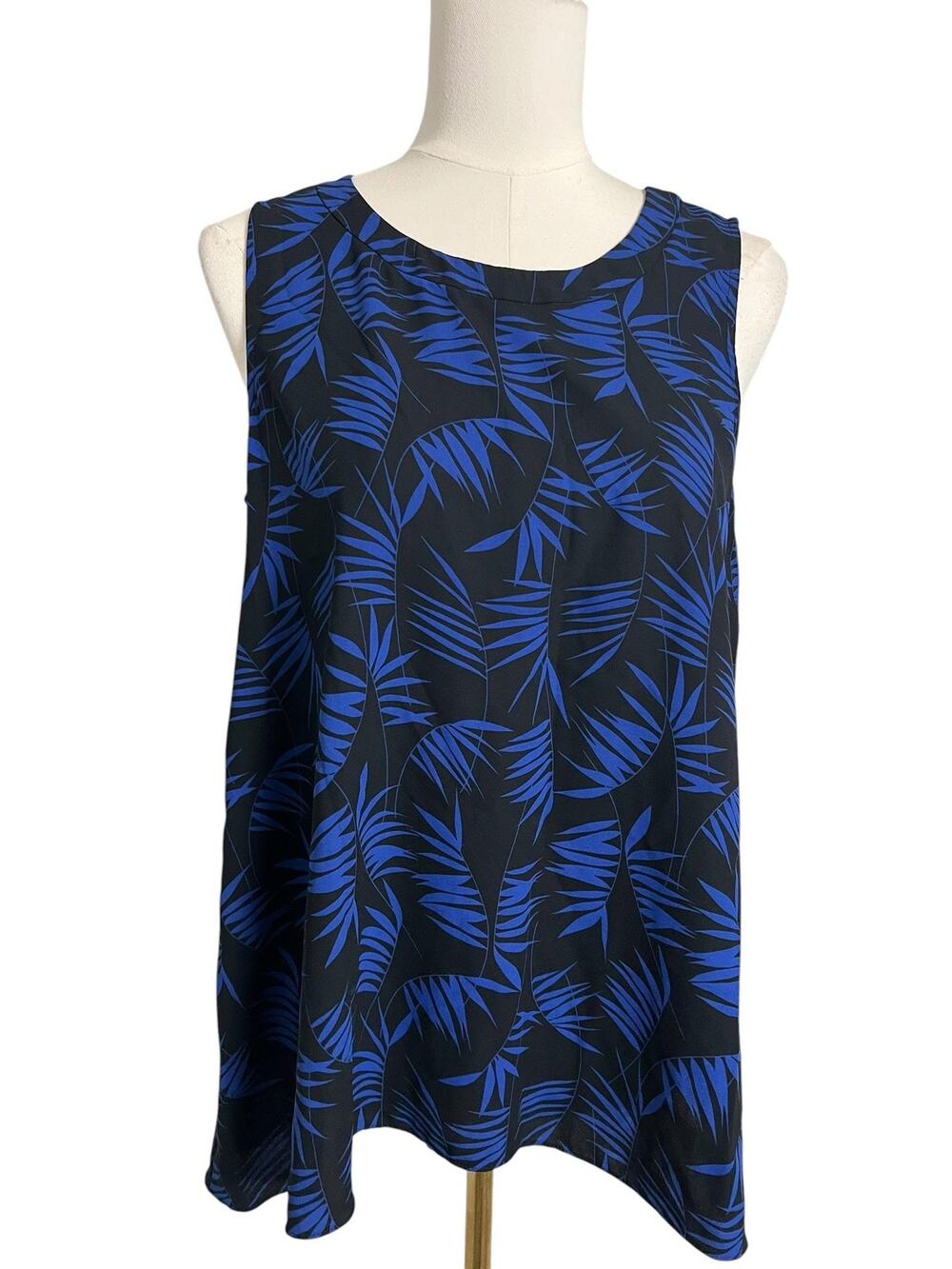 Anne Klein Womens Size Small Blue Black Tropical Leaf Print Sleeveless Top Tank